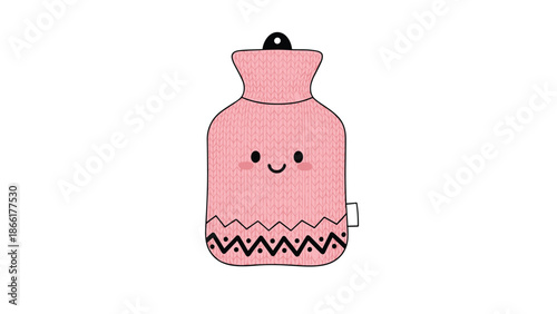 An adorable kawaii hot water bottle with a cute smiling face, wearing a cozy pink knitted cover with a zigzag pattern decoration.