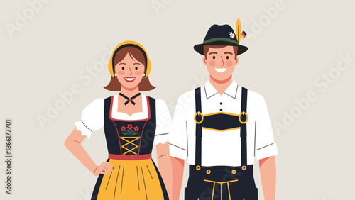 A smiling German couple dressed in traditional Bavarian attire, the woman in a dirndl and the man in lederhosen, for the Oktoberfest.