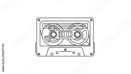 A detailed black and white outline drawing of a retro audio cassette tape, representing music, nostalgia, and 80s or 90s technology.