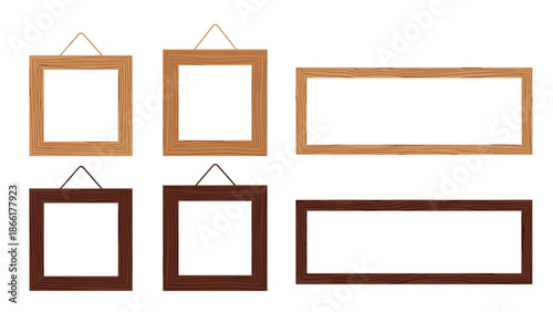 A versatile set of empty wooden picture frames in various shapes and shades of brown, including options with hanging ropes for display.