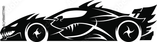 A sleek black sports car with a dragon design speeding across a white background