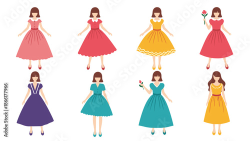 A colorful collection of graceful women dressed in a variety of beautiful and elegant vintage-style dresses from the mid-century era.