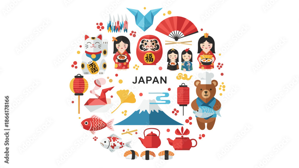 Fototapeta premium A circular collage of cute, flat design icons representing Japanese culture, featuring a maneki-neko, daruma doll, and Mount Fuji.