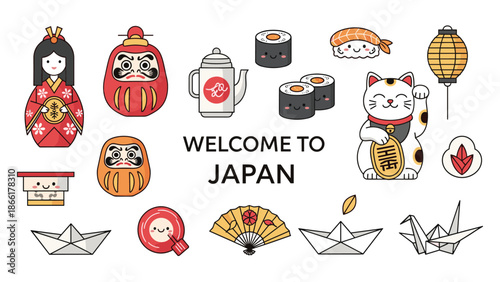 A welcoming collection of cute kawaii-style icons representing Japan, including a daruma doll, maneki-neko, sushi, and paper origami.