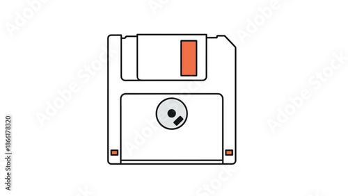 A minimalist and retro line art illustration of a 3.5-inch floppy disk, a symbol of old computer technology and vintage data storage.