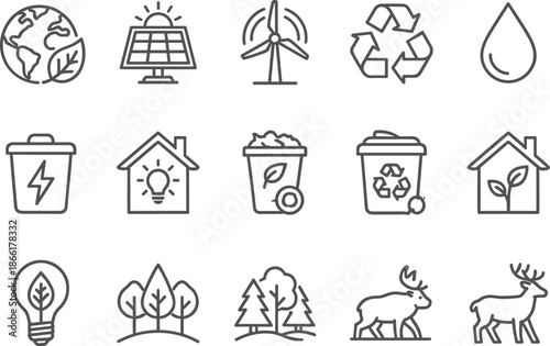 Black and white environmental sustainability icons set, vector illustration for eco-friendly energy, conservation, and wildlife protection.
