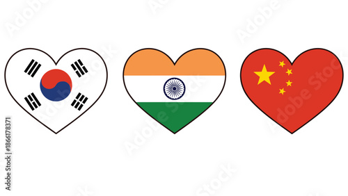 A set of three heart-shaped icons featuring the national flags of South Korea, India, and China, symbolizing love for these Asian nations.