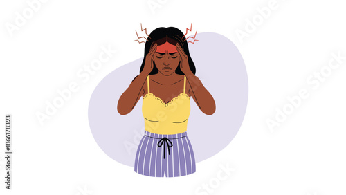 An illustration of a stressed young black woman touching her temples, suffering from a severe headache, migraine, or high tension.
