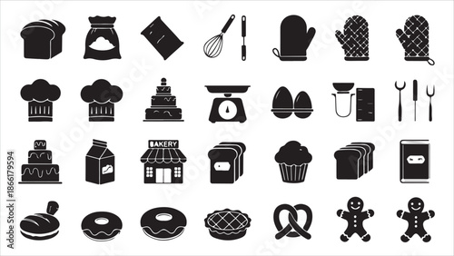 Bakery Products and Baking Tools Black Glyph Icon Set Sweet Desserts, Pastries, and Kitchen Utensil Vectors.eps