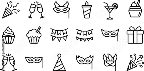 Black and white party and celebration icons set, vector illustration for festive events, masquerade, desserts, and drinks.