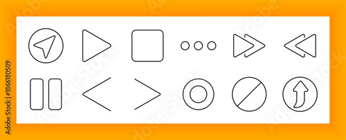 Media control set icon. Arrows, play, stop, pause, record, fast-forward, rewind, and upload symbols outlined to depict video and audio playback functions.