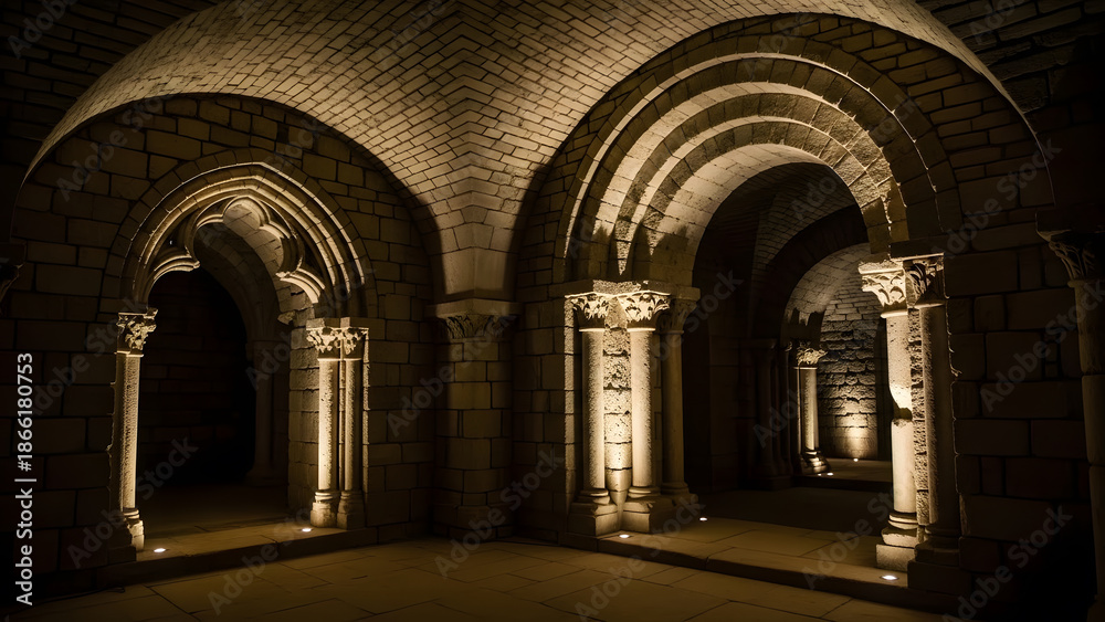 Naklejka premium Ancient crypt with arches and columns