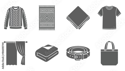 Vector Icons of Fashion and Home Accessories: Sweater, T-shirt, Curtain, Bag, and More