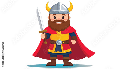 Cartoon Viking Warrior with Sword and Horned Helmet.