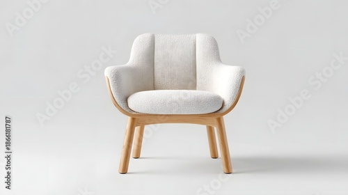 Contemporary armchair with plush textured upholstery and a smoothly curved natural wood frame offering comfort and style for modern living spaces