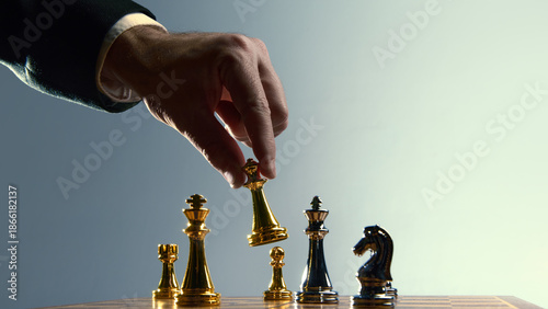 Konstfotografi Hand placing gold chess piece among opposing pieces