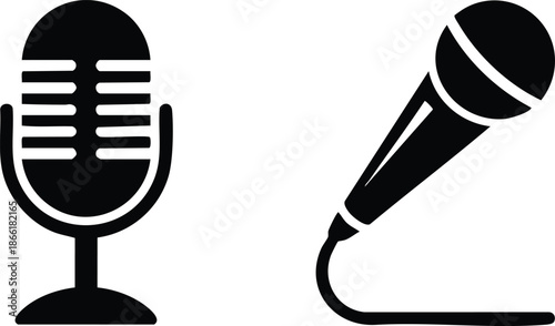 Minimalist Podcast and Performance Microphone Silhouettes, Black and White Audio Recording Equipment Graphics, Classic Studio and Dynamic Microphone Icons, illustration, vector.