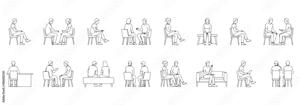Fototapeta premium Sitting people vector symbols, architectural scale figures, seated on chairs and benches, clean CAD vector style