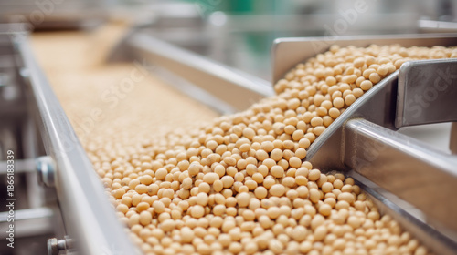Close-up of soybeans flowing on a conveyor belt in a processing plant, showcasing the agricultural industry.