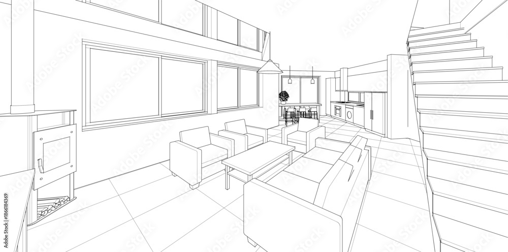 Fototapeta premium interior kitchen living room 3d illustration 