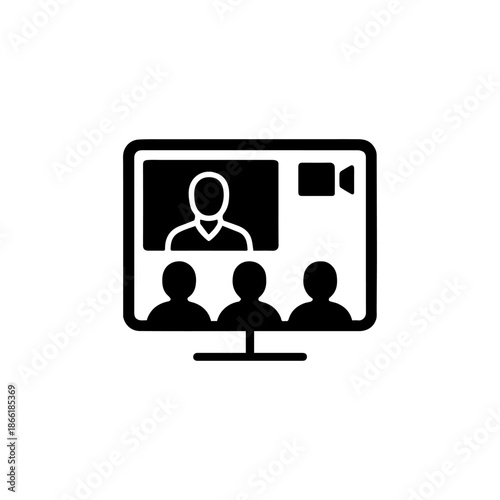 Minimalist black line icon of a computer monitor showing a virtual meeting interface with presenter, participants, and camera symbol for online communication and remote collaboration.
