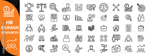 Set of 50 outline icons related to HR, Human Resources, Recruitment, Employment, business, office, company, management. Linear icon collection. Editable stroke. Vector illustration Human  icon set .