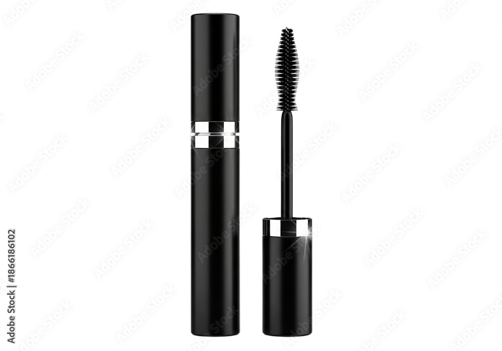 Obraz premium Elegant black mascara tube and wand isolated on transparent background