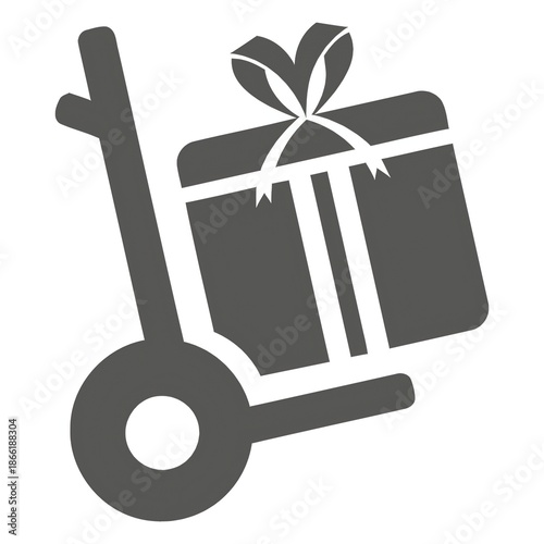 Logistics delivery icon showing a large gift box on a hand truck, symbol for holiday shipping and commercial transport