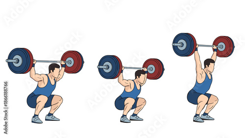 Strong male weightlifter demonstrating the three key phases of a snatch or clean and jerk lift with a heavy barbell.