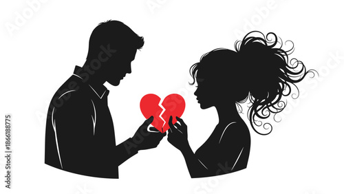 Silhouettes of a sad man and woman standing apart, each holding a piece of a red broken heart, symbolizing a breakup or divorce.