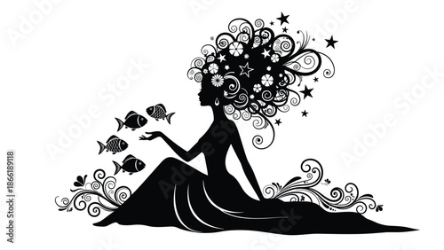 Mystical black silhouette of a woman with elaborate, swirling hair, sitting gracefully and releasing small fish into the air.