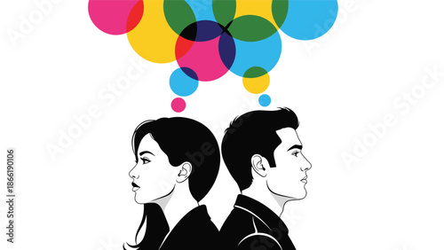 Man and woman standing back to back with colorful overlapping thought bubbles, symbolizing communication and shared ideas.