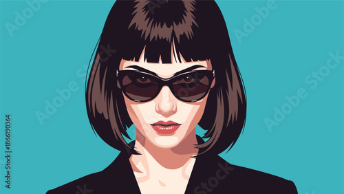 Stylish pop art portrait of a confident woman with a dark bob haircut and cool sunglasses against a solid turquoise background.