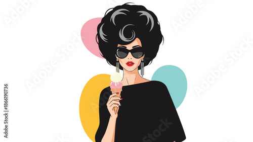 Chic pop art illustration of a glamorous woman with a large beehive hairdo and sunglasses eating an ice cream cone.