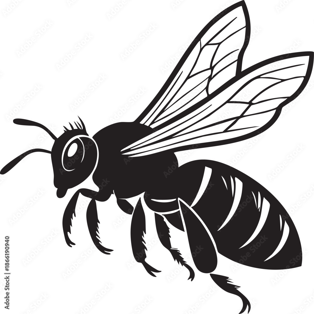 Obraz premium Bee Silhouette – Black Line Vector Illustration Featuring Detailed Wings, Antennae, and Striped Abdomen