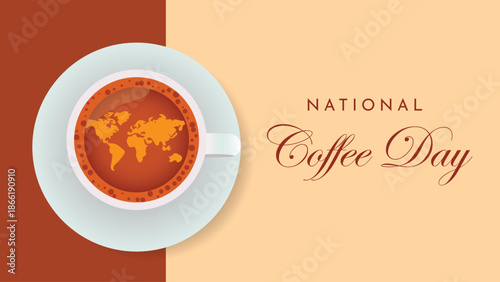 National Coffee Day Graphic with a white coffee cup with a world map