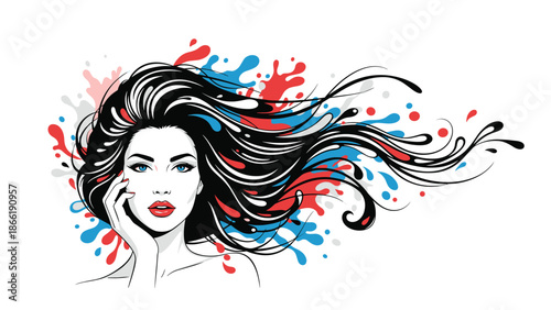 Artistic portrait of a beautiful woman with long black hair flowing into red and blue paint splashes on a white background.