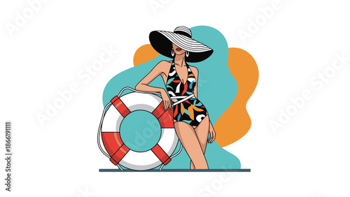 Stylish woman in a patterned one-piece swimsuit and a wide-brimmed hat posing with a lifebuoy against an abstract backdrop.