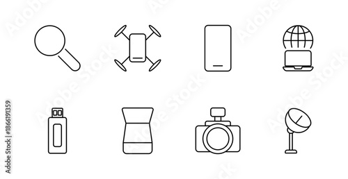 Tech gadget set icon. Magnifier, drone, phone, globe, flash drive, lens, camera, satellite, modern electronics, photography, exploration, communication.