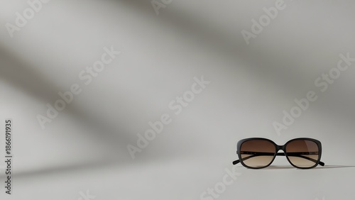 Sunglasses on white surface with shadow creating contrast and copy space