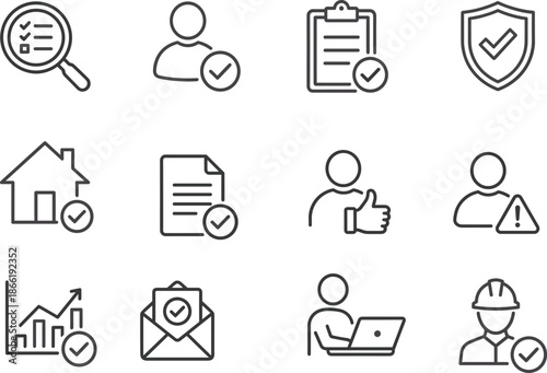 Set of 12 black line icons for verification, approval, and professional activities including checkmarks, safety, and compliance symbols
