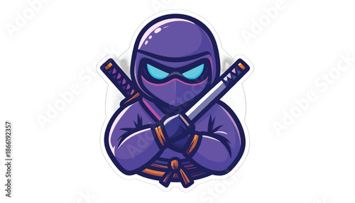 Cartoon Ninja Character with Crossed Swords and Determined Expression.