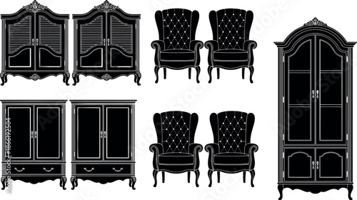 Vintage Classic Furniture Set Vector Illustration With Armchairs Wardrobes Cabinets Antique Luxury Interior Design Collection Black Silhouettes