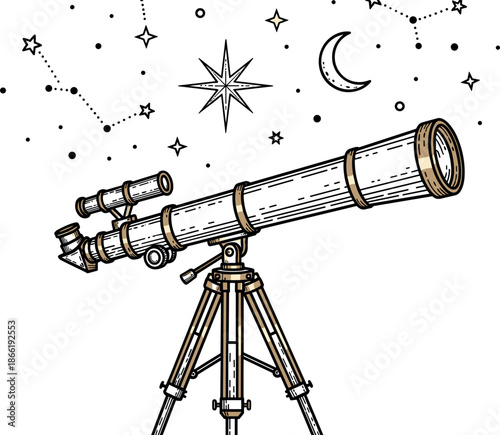 Vintage telescope under starry night sky with moon, constellations, celestial glow and tripod – flavector