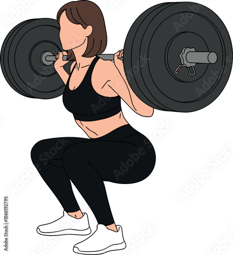 Woman performing barbell squat strength training exercise gym workout illustration isolated vector for fitness bodybuilding sports design concept power health