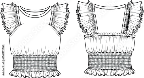 Women ruffle sleeve smocked blouse top front and back view technical fashion outline illustration isolated vector template