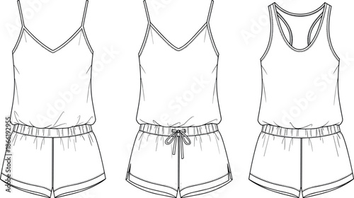 Women summer sleepwear pajama set with camisole and shorts multiple styles front view technical fashion outline illustration vector