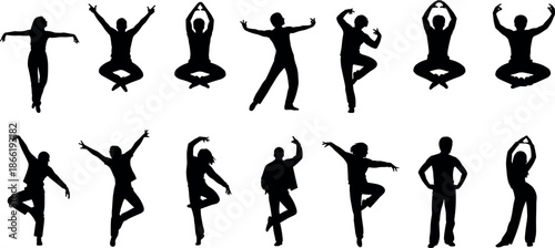 Yoga and dance human silhouettes set vector illustration flexible poses meditation movement fitness balance lifestyle activity design
