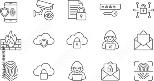 Set of 15 black line icons for cybersecurity including mobile protection, biometric access, encrypted email, and hacker threats