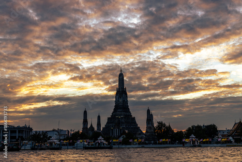 Canvas Print An abstract, blurred background of nighttime lights along the Chao Phraya River in Bangkok, with Wat Arun, a popular tourist attraction visited by travelers from around the world, in the background